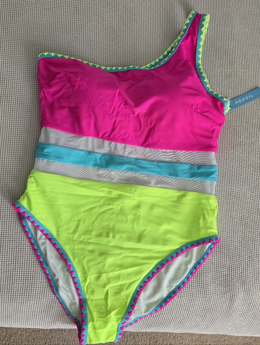Girls' One-Shoulder Neon Pink & Lime One-Piece Swimsuit with Aqua Stripe
